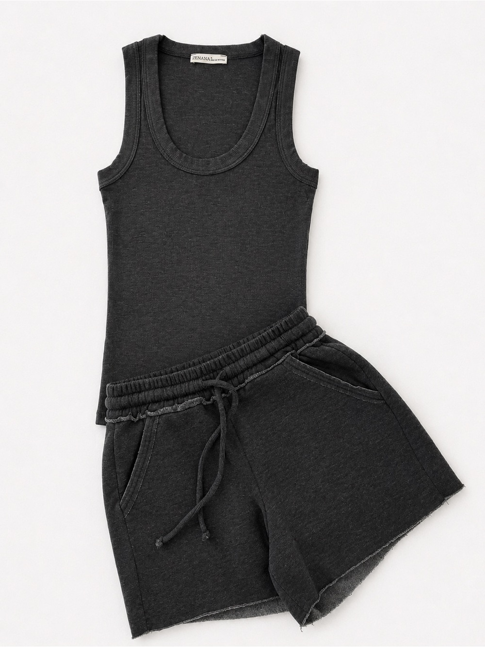 Charcoal Ribbed Tank & Drawstring Short Set Zenana acid washed